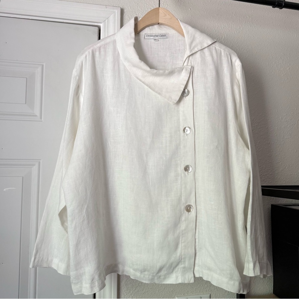 CHRISTOPHER CALVIN white linen shell button asymmetrical‎ lagenlook boxy shirt